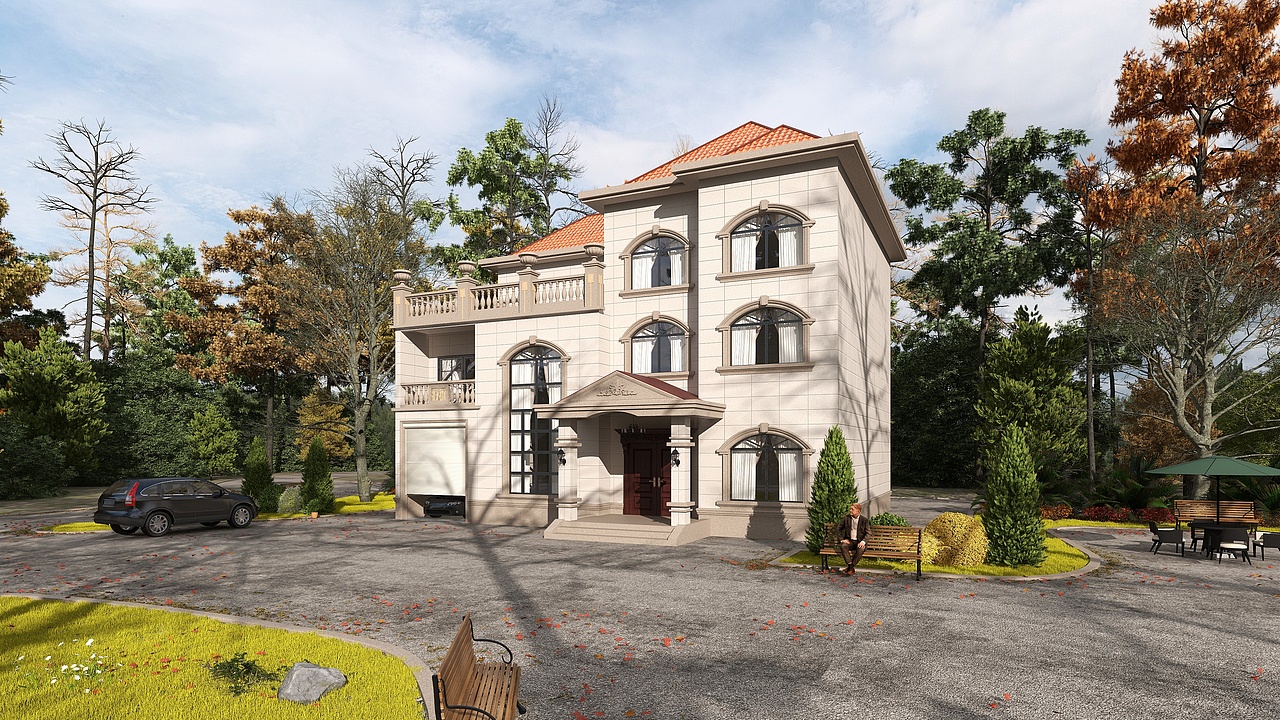 秋林院落场景渲染作品分享