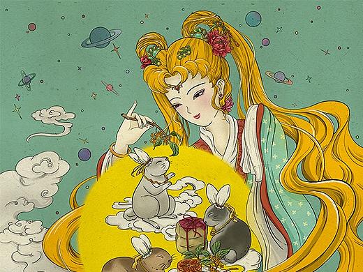 中秋脑洞插画-月野兔与嫦娥玩“穿月”