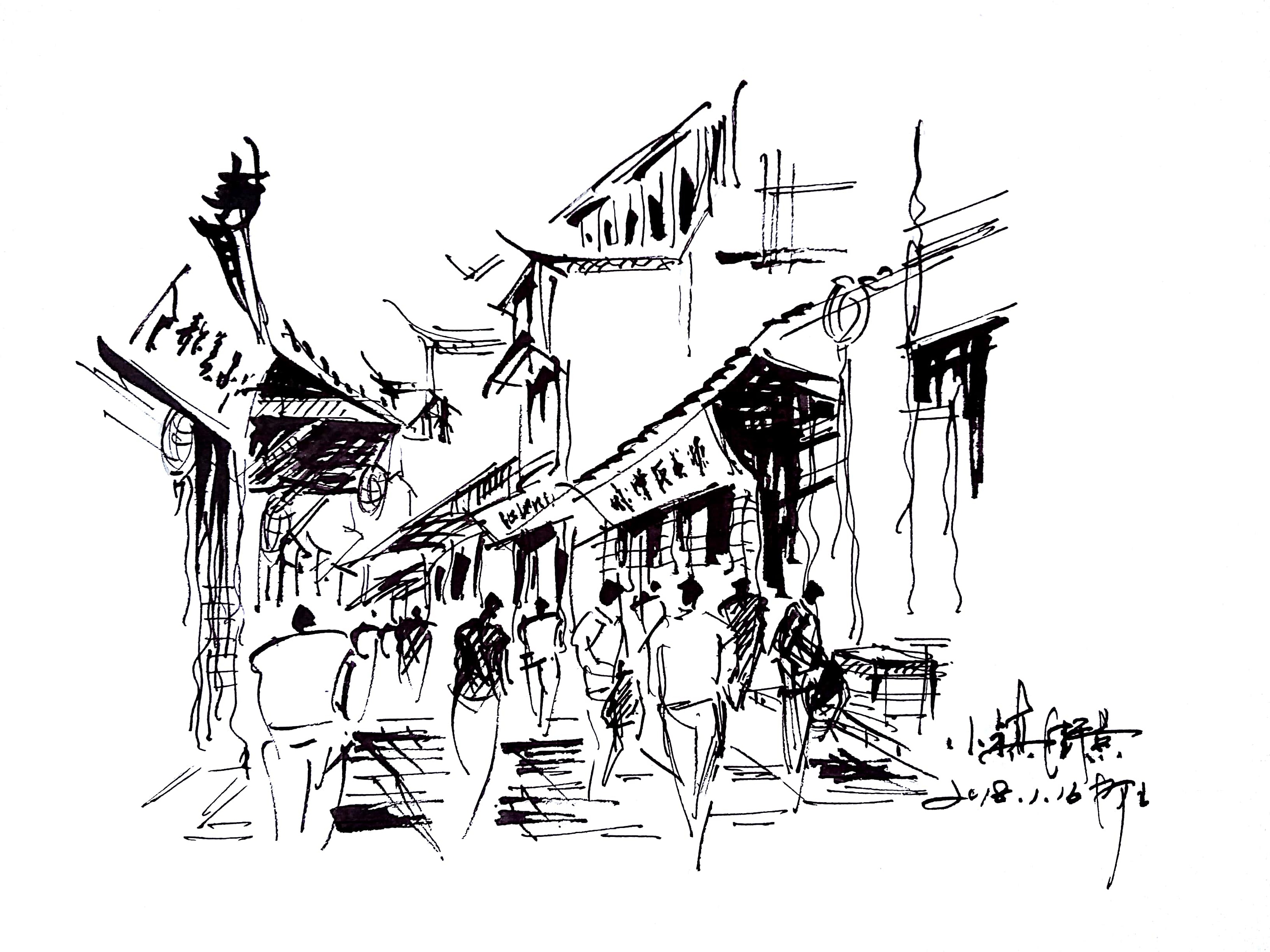 速写钢笔画阿王建筑风景速写