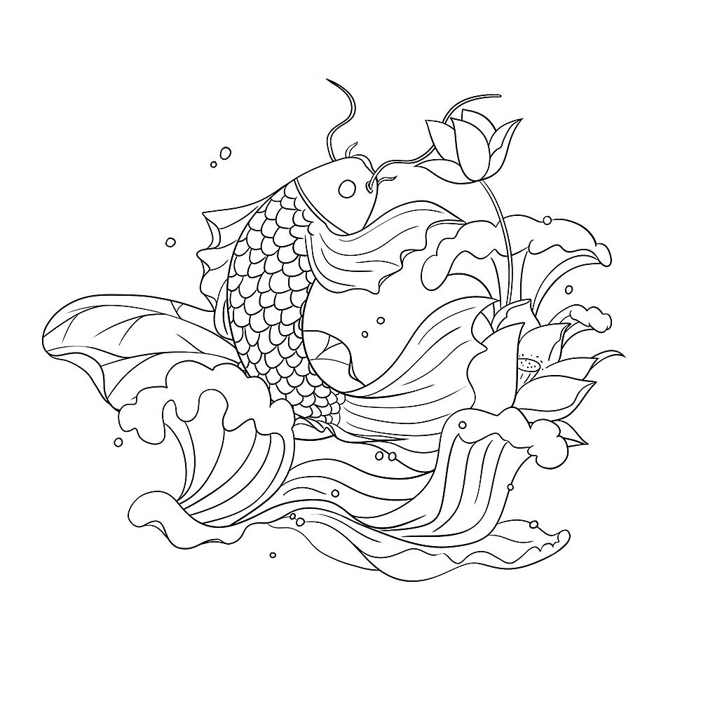 手绘国潮锦鲤荷花