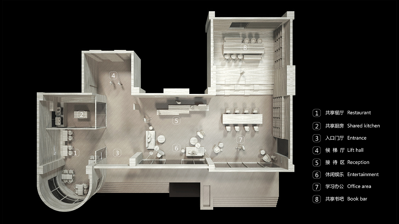 公区平面
冠寓日报店位于无锡市区中心位置,原为无锡日报社办公大楼,公区设计暗含了“家园”的概念,通过构架的“廊檐”,区隔服务功能与客用区域,将原来全开放的入口缩小了比例,让空间围合出向心的状态,交流与独处都能找到合适的区域。<br>The Wuxi Daily apartment of “GuanYu” is located in the downtown of Wuxi, as the former office building of Wuxi Daily. The design of the public area implies the concept of “home”, and the areas of services are separated from those of functions and guest through the “eaves of veranda” in the architecture. The existing full open entrance is scaled down to enclose the space to be a centripetal form, providing suitable areas for both communication and staying alone.