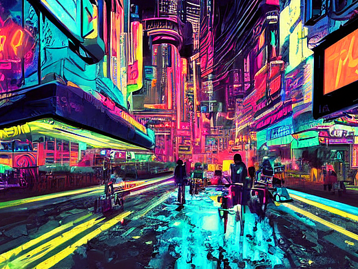 #AI创作实验室#街道夜晚自行车背影霓虹灯广告牌大厦