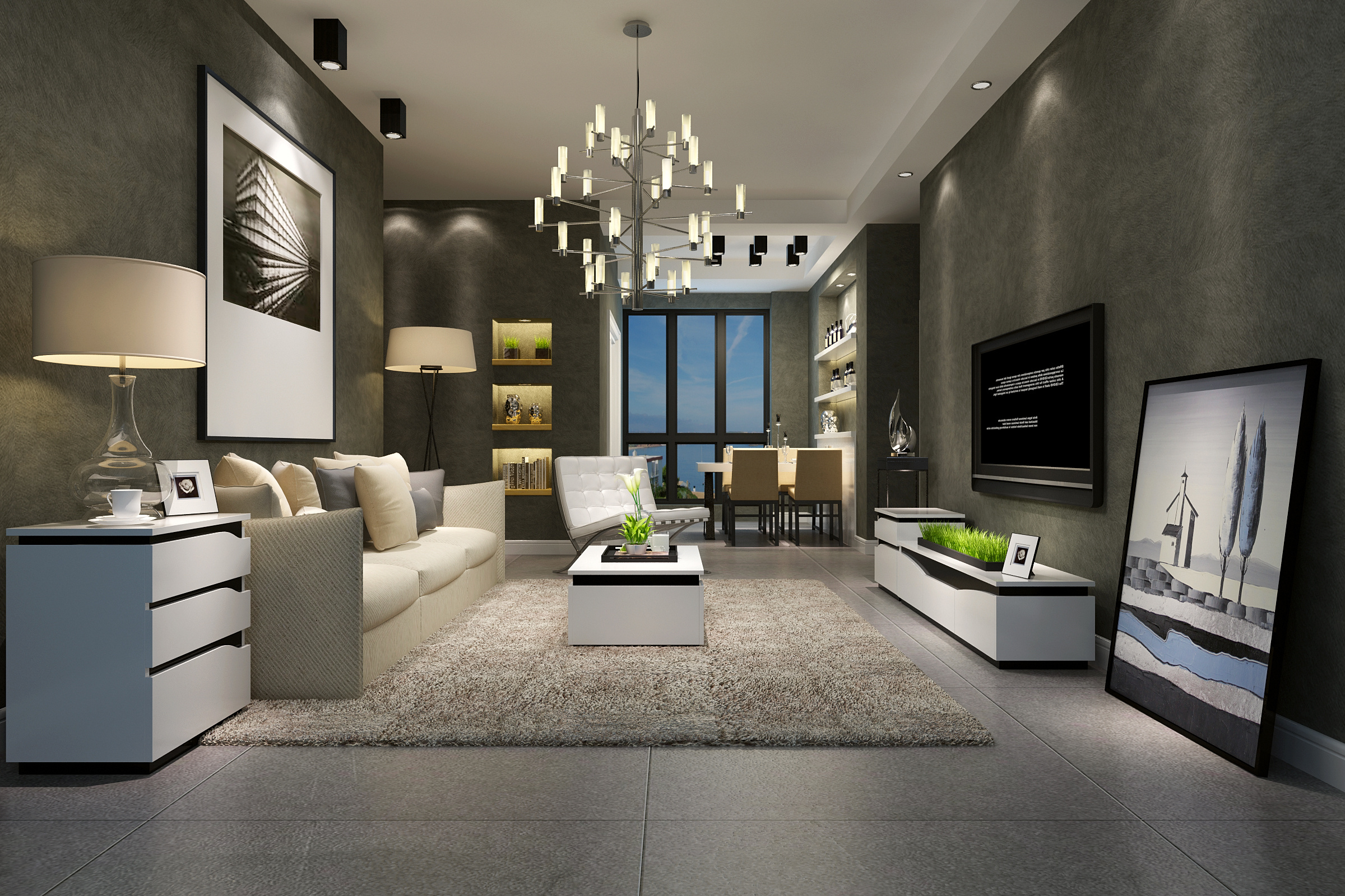 家具3d效果图-电视柜,茶几,沙发,斗柜