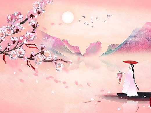 古风意境古风女子山水桃花花枝唯美寻觅水墨古风