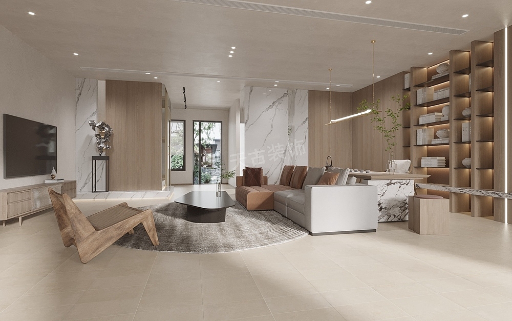 电视墙没有做任何的造型,客厅背后做了整体装饰柜,原木色的柜体与整个空间相结合,同时与电视墙开放区形成前后对比关系;没有运用过多的材质,却能营造出一个空间的平和感,安静优雅。