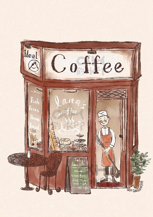插画-水彩手绘风-路边咖啡馆
