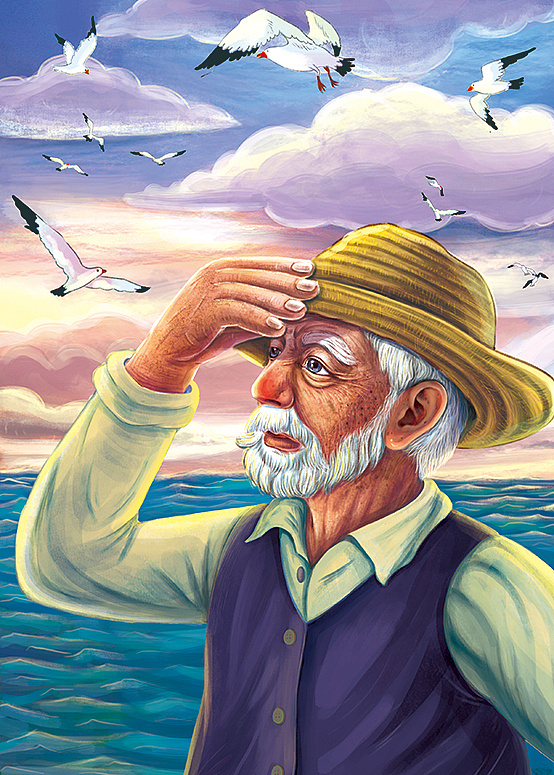 老人与海绘画简单图片