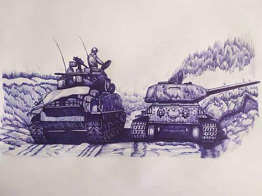 朝鲜战争（抗美援朝战争）仁川登陆战役坦克圆珠笔画  