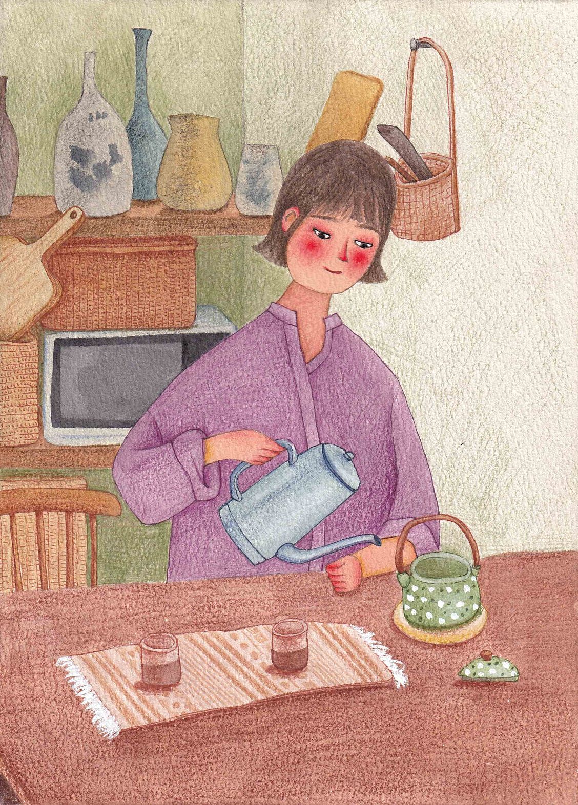 水彩插画【生活不过如此】喝喝茶