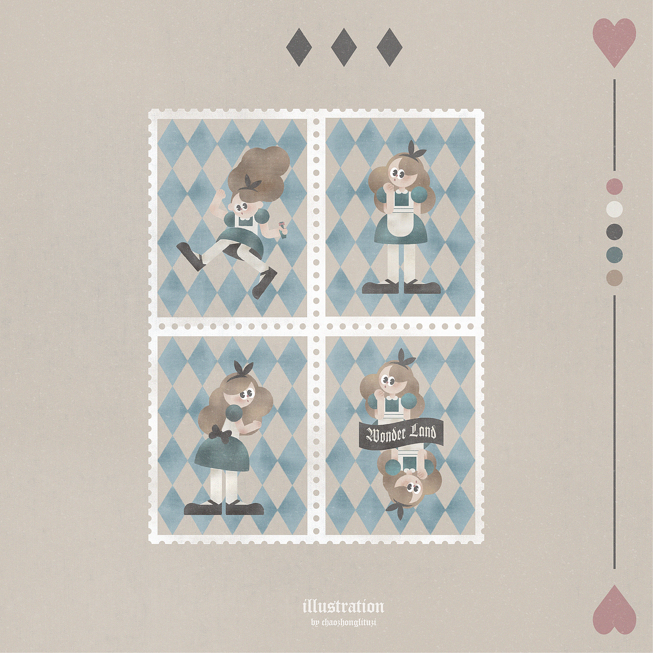 “Alice in wonderland”爱丽丝主题邮票设计（图ZMjM1OTg1NzAw） - 儿童插画 - 站酷设计师超重力兔子hanna原创素材 - 站酷ZCOOL