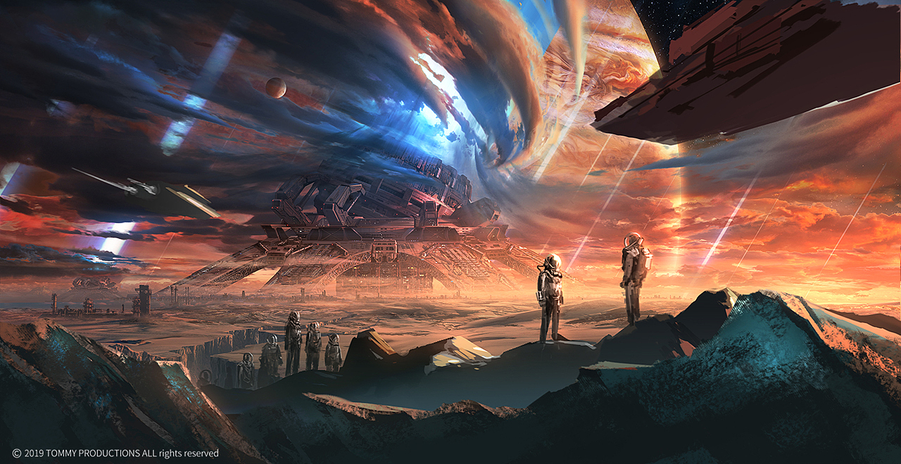 来看看细化完的冰原效果。加上大气和云雾的效果，整体还是不错的。上面的图层剖面只是把我认为最主要的图层进行区分，实际制作的时候图层之间还可以任意添加更多的图层，比如云层，雾气，烟雾等等来丰富空间感。
