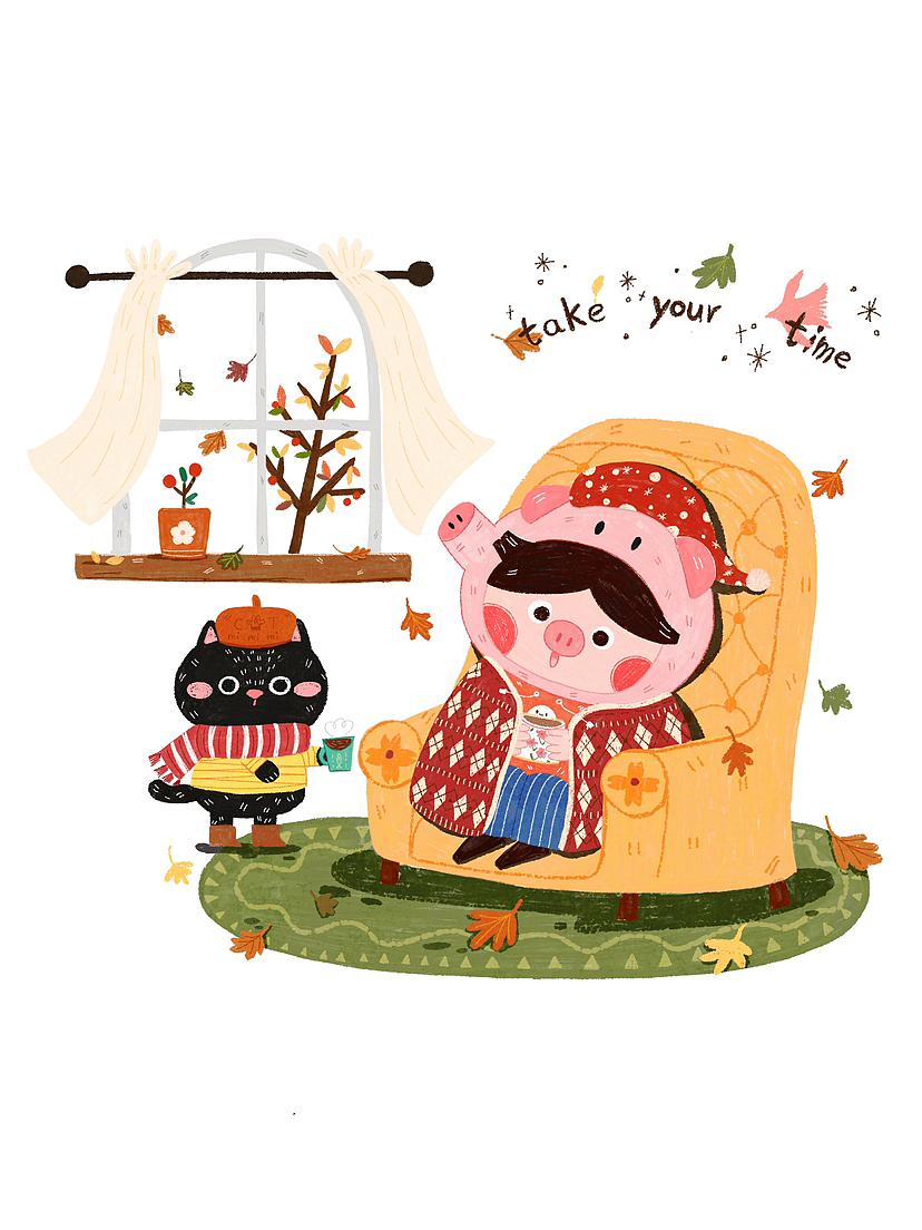 原创系列插画｜秋天宅的猪&咪（图ZMzUyOTQzMjQ0） - 儿童插画 - 站酷设计师老椰子008原创素材 - 站酷ZCOOL
