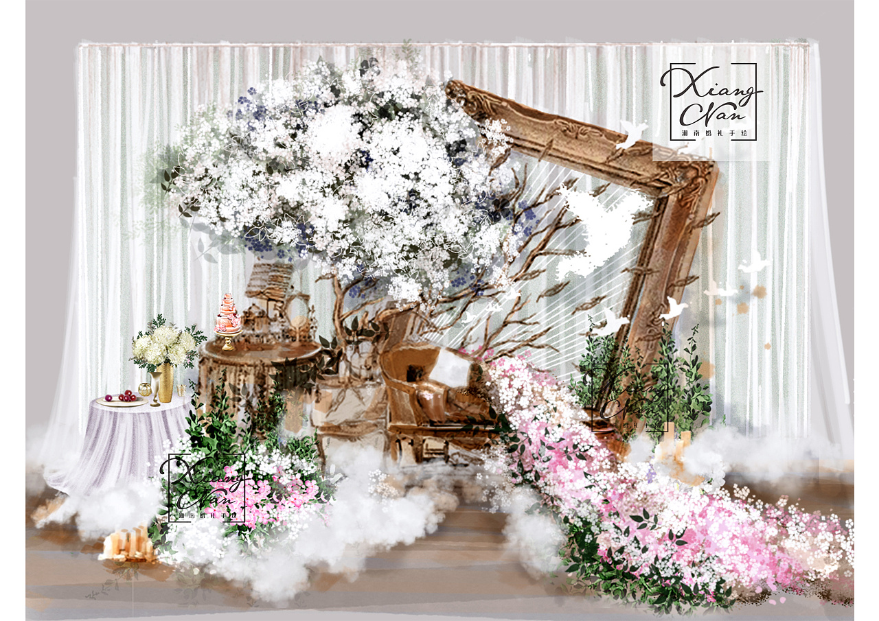 一组水彩风格的婚礼手绘效果图