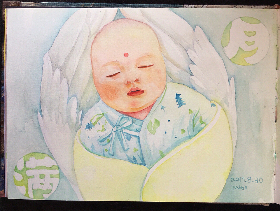 小石头满月回娘家要在额头点个红记号,睡着的样子像个小天使。