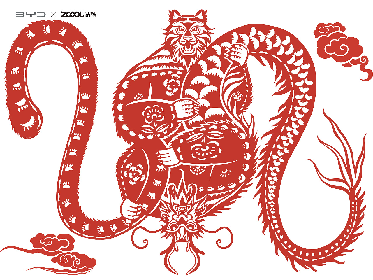 龙虎相拥 剪纸窗花纹样|平面|图案|qianer2 - 原创作品 - 站酷 (zcool