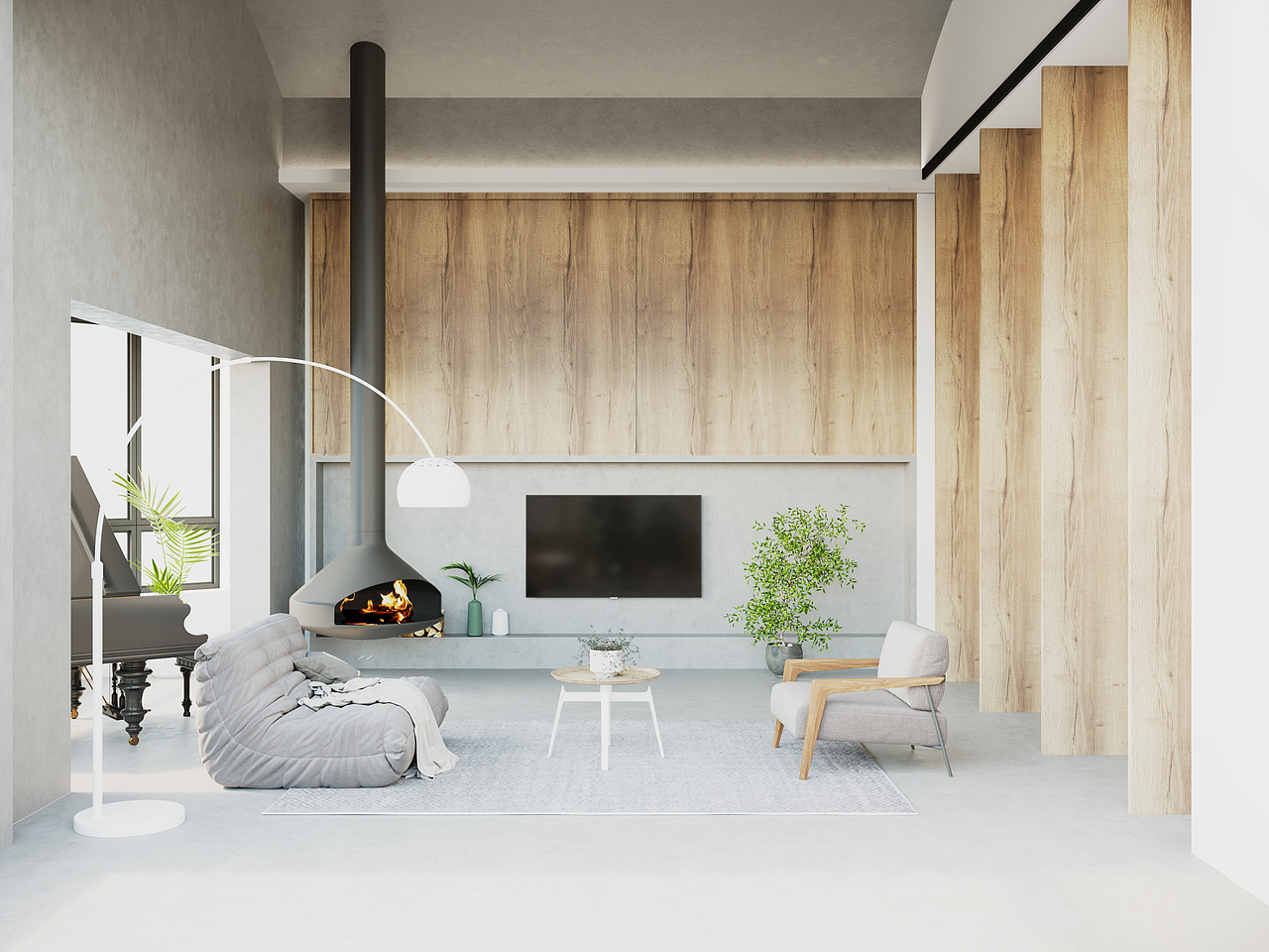 三楼的家庭厅主要是一些娱乐功能的休闲空间，是每个家庭成员制造快乐记忆的共同场所，闲暇时光，看一部心仪已久的电影，弹一曲动人的旋律，日子不仅仅是菜米油盐，生活的仪式感需要我们共同经营和创造，家庭厅与户外露台相连，以斜面玻璃完成空间转换，并透过玻璃的穿透性，让空间与空间相互延伸。个体功能上独立的同时增强了空间的延续性。