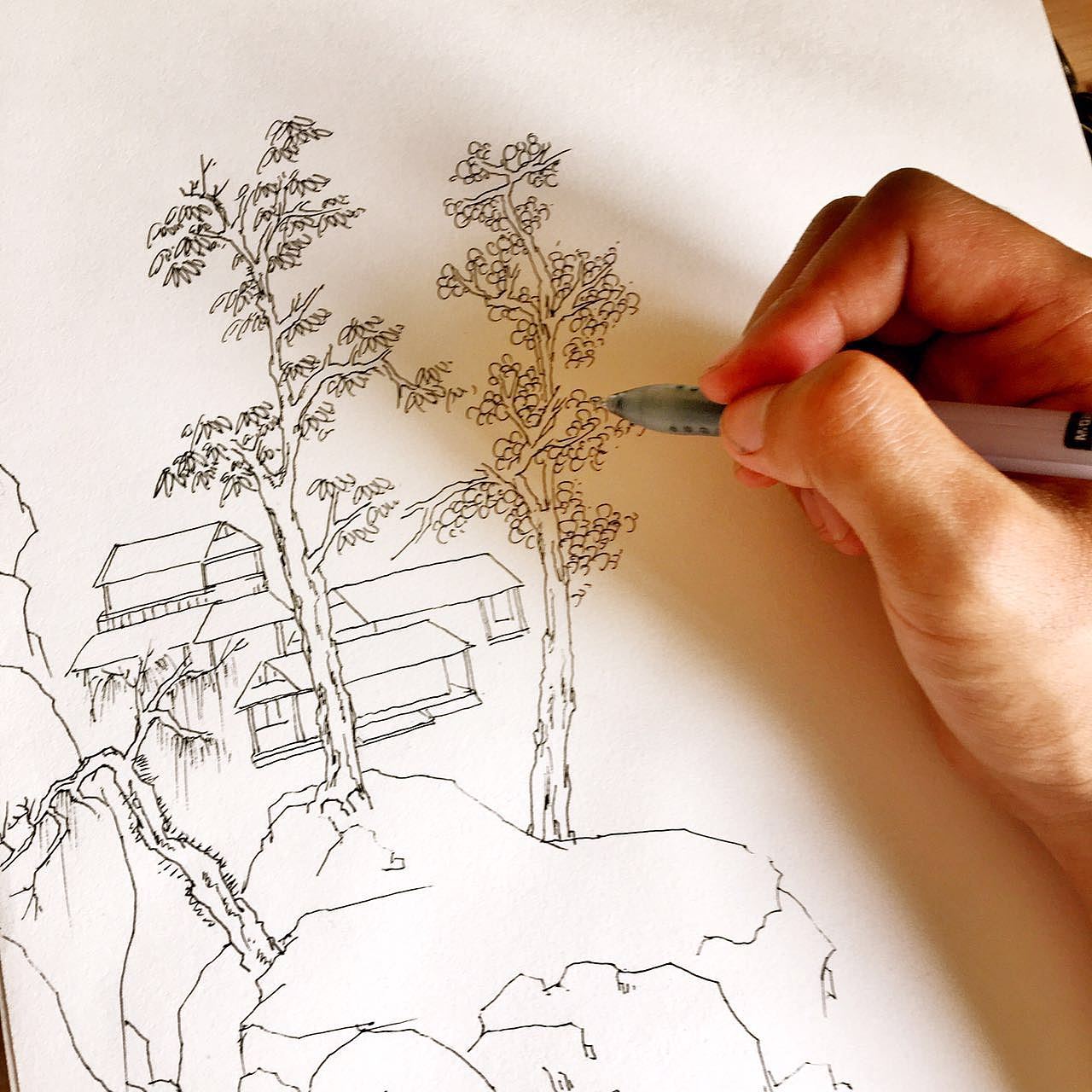 针管笔速写山水画