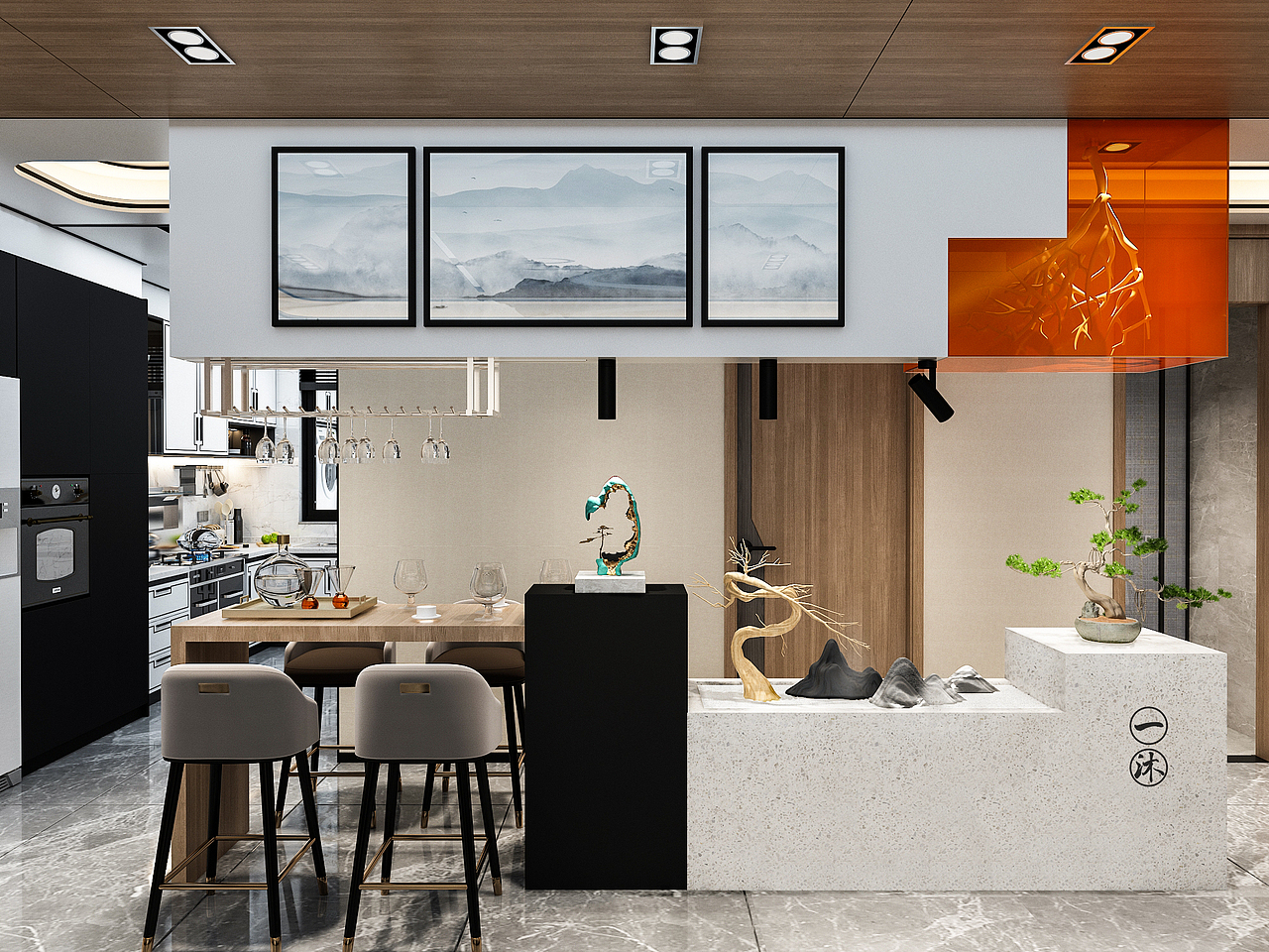 一景两意,上方用亚克力板把干枝封在其中,打上灯光,点缀空间色彩,其“形”似琥珀。本案的甲方是一名医务工作者,这一景寓意辛苦的医者把疫情封印。上方的干枝,与下方的盆栽又寓意“枯木逢春”。
引景入室:整条西餐台和枯山水景观台成高低错落的几何“山”形,与窗外的青龙山景相呼应。左侧的挂画内为配电箱,下方融合了酒架与西餐台。