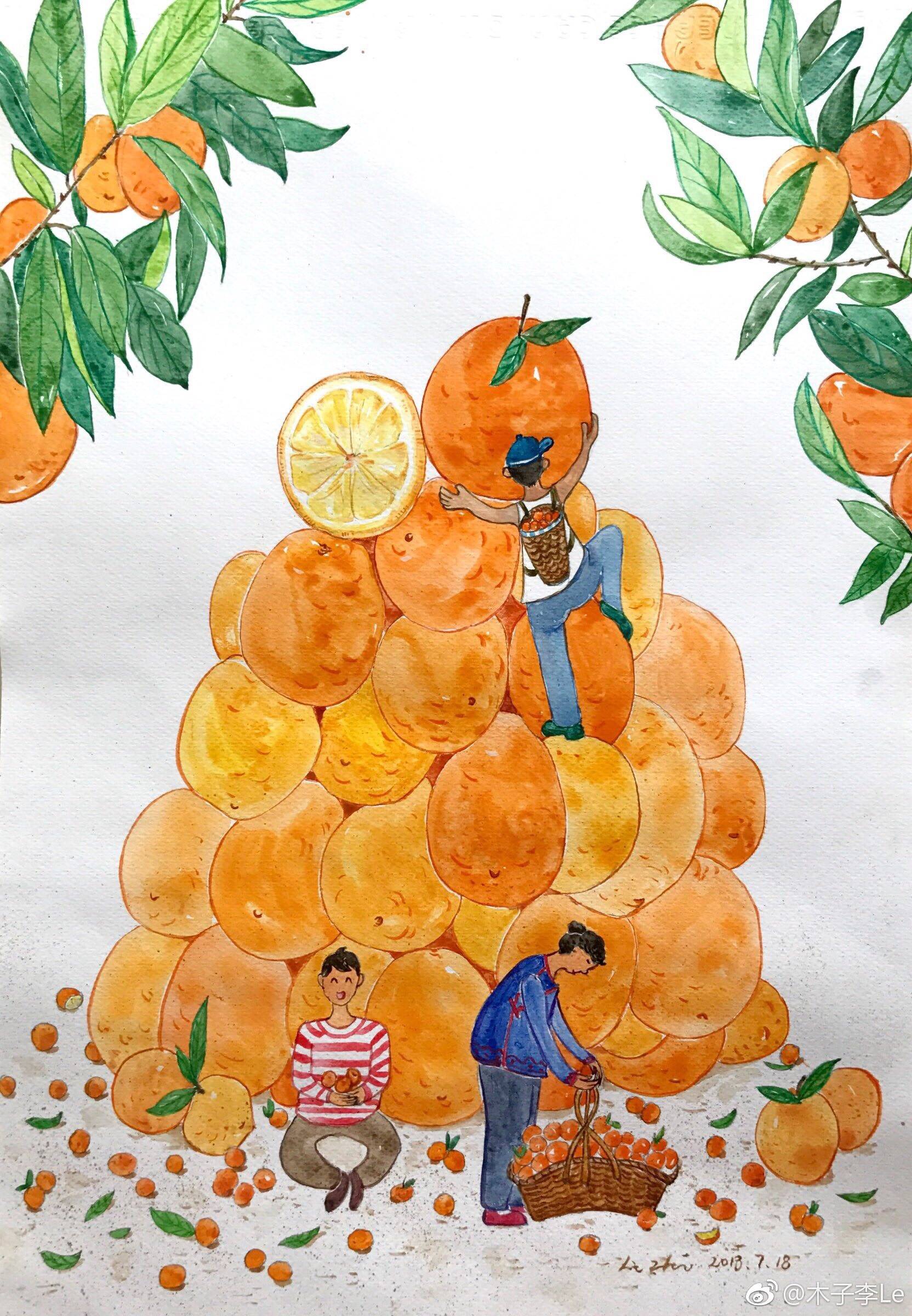为乡村儿童画手绘墙的插画比赛作品,作品以重庆奉节的脐橙为创作元素