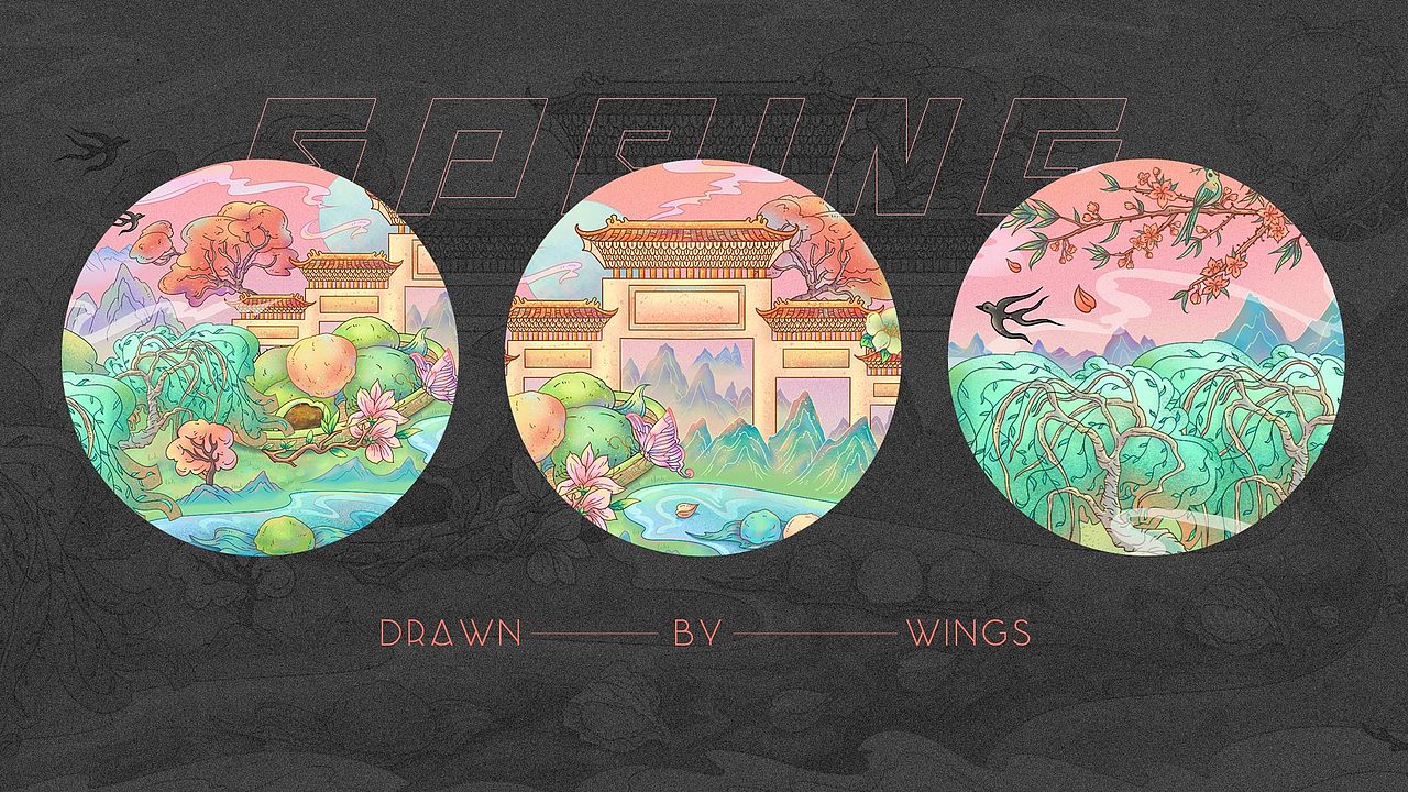 原创国潮风春季踏春插画长卷