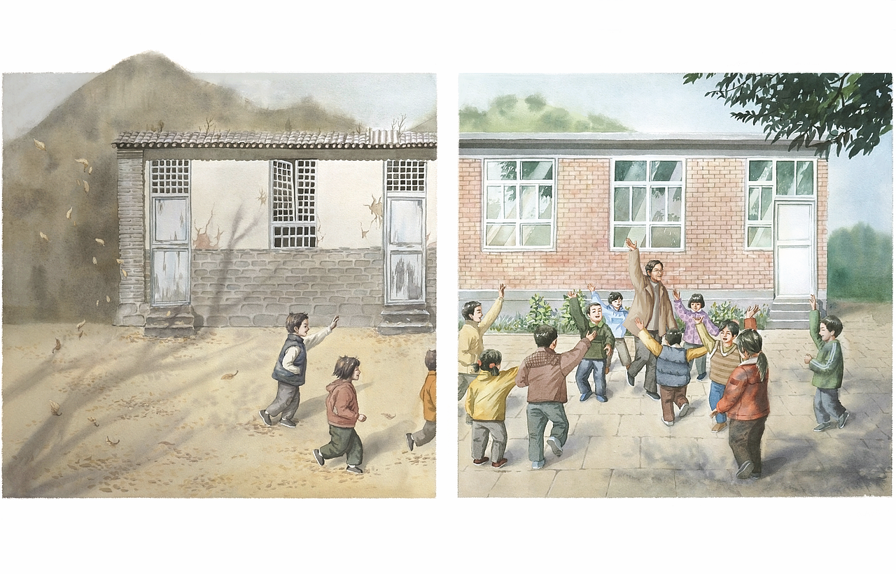 原来的校舍破败不堪,邓老师自发筹款,终于为孩子们建成了安全明亮的教室。