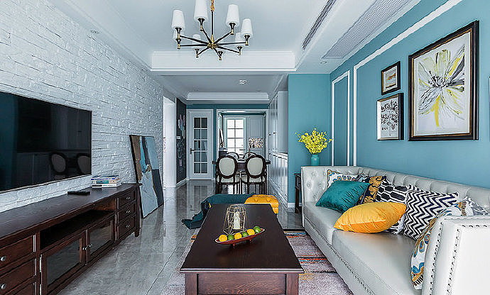 89㎡简约美式风格三居室设计,色彩搭配得很舒服