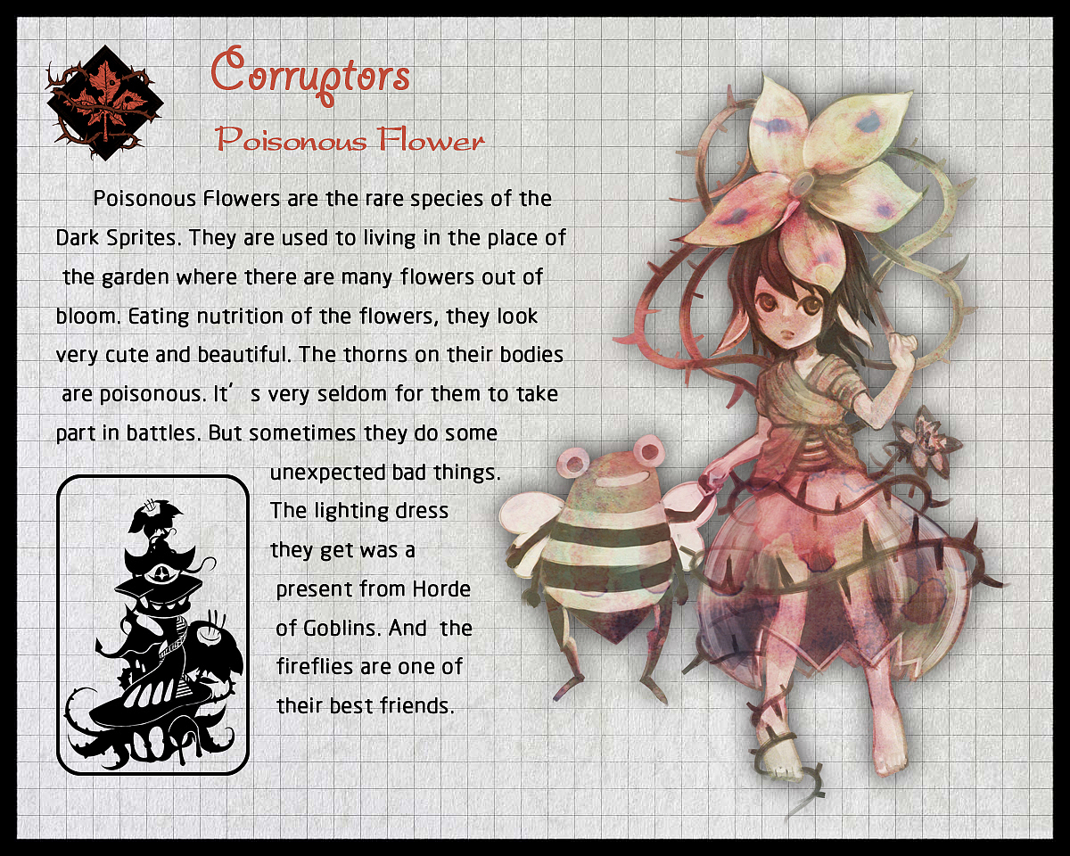 毒之花, 是黑暗森灵中的稀有物种,因生长在花园的地底,长期吸取花朵精华,所以长相娇小可爱。身上的刺有毒汁,平时很少参与战斗,但偶尔会做出一些意想不到的坏事来。灯泡裙是地精送的,最好的朋友是萤火蜂。