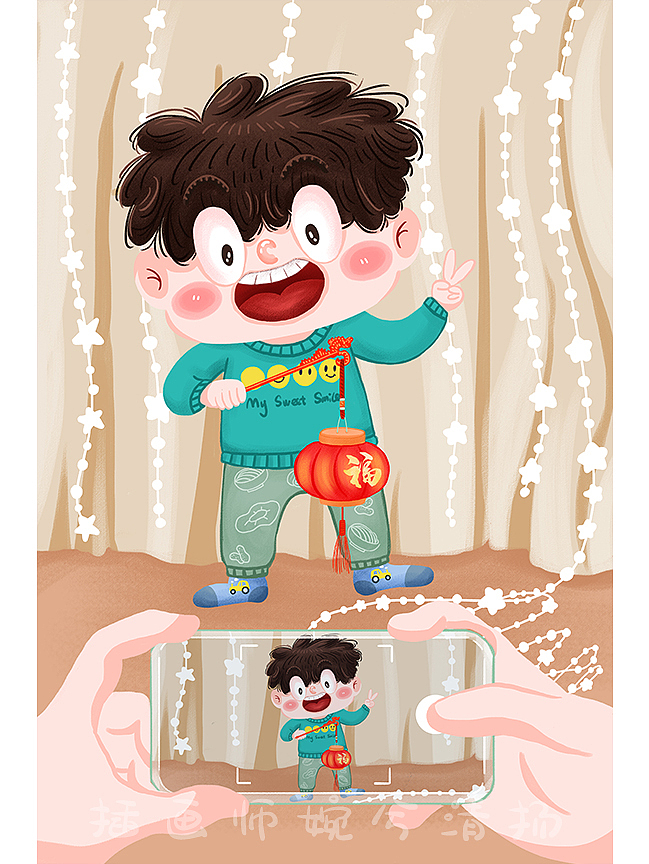 春节元宵节小男孩提灯笼