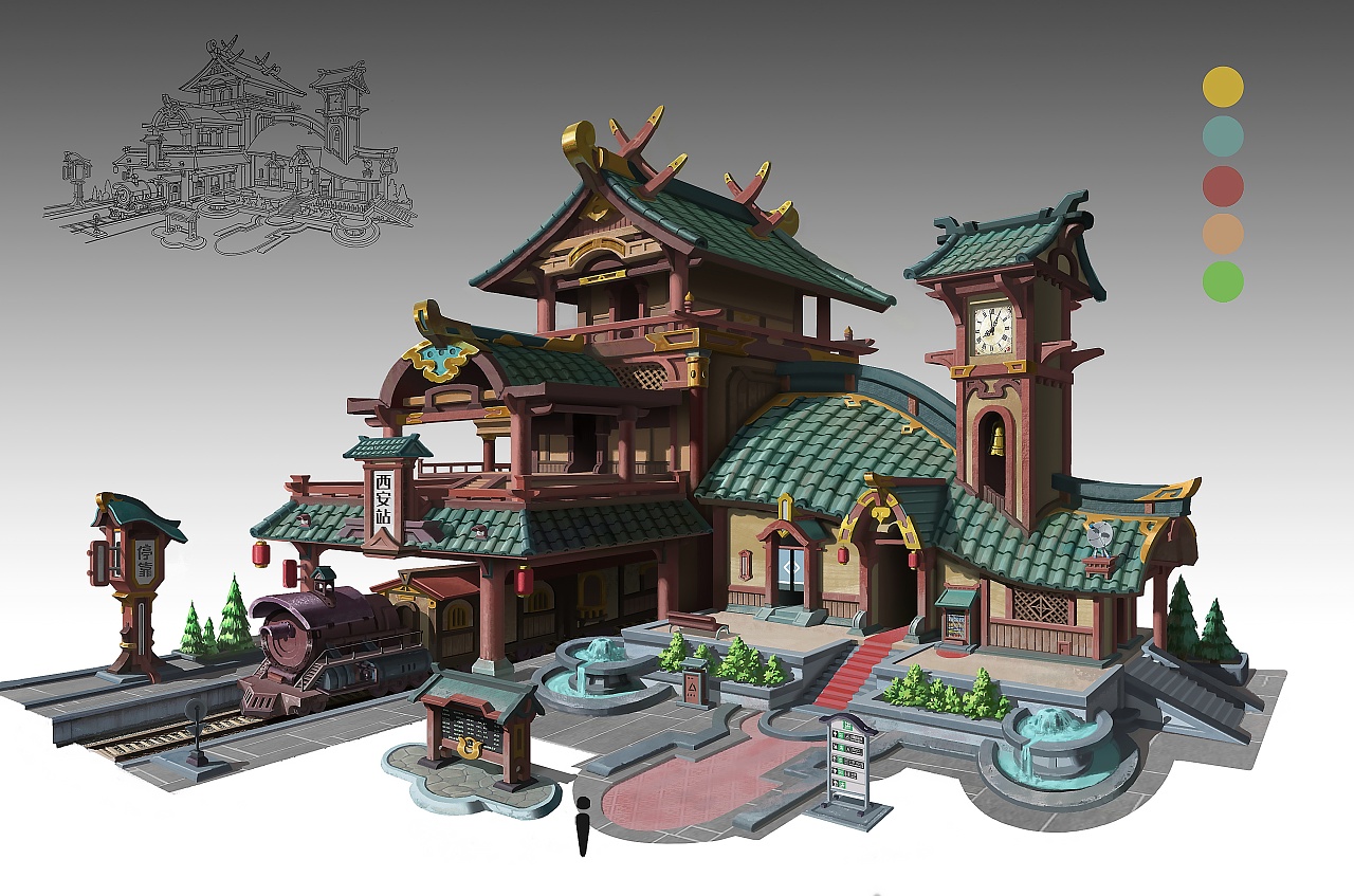 古风车站 单体练习修改|插画|游戏原画|默雨sun - 原创作品 - 站酷