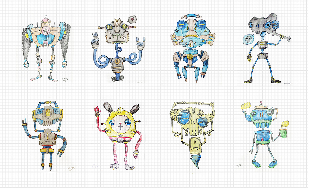 彩铅手绘小机器人系列插画可爱机械朋克风