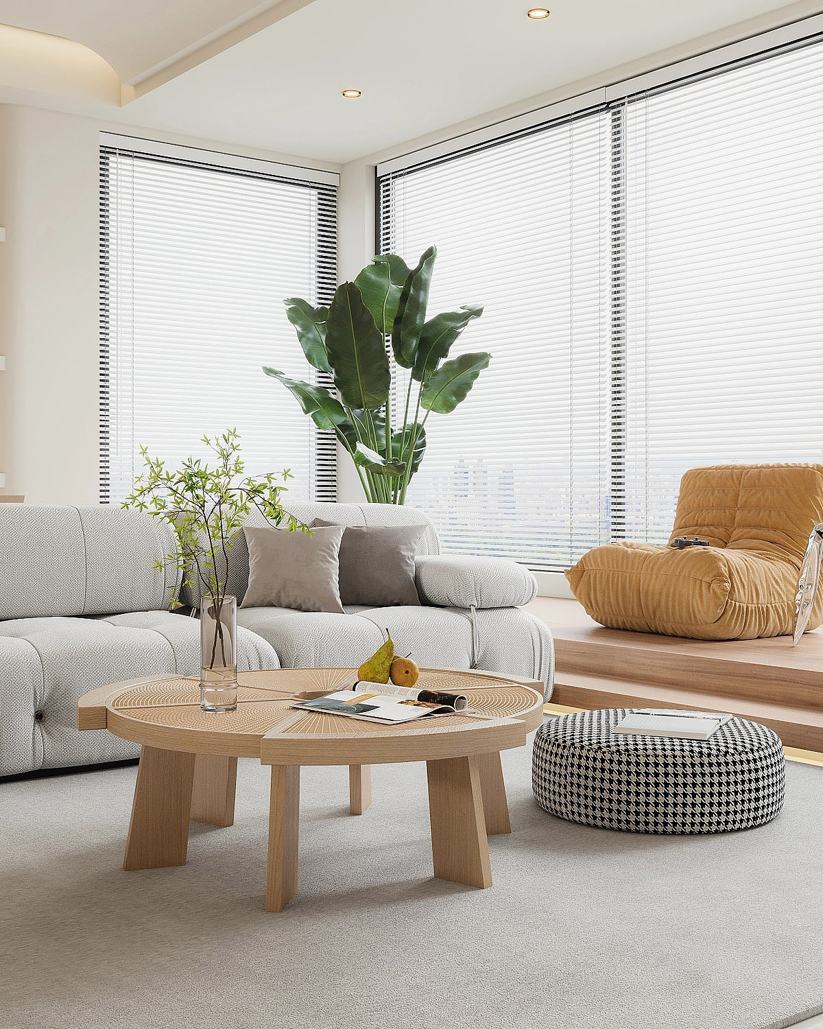 定制的木质橱柜、单椅、圆形咖啡桌和独特的木质边桌给空间注入自然的原木元素🏠