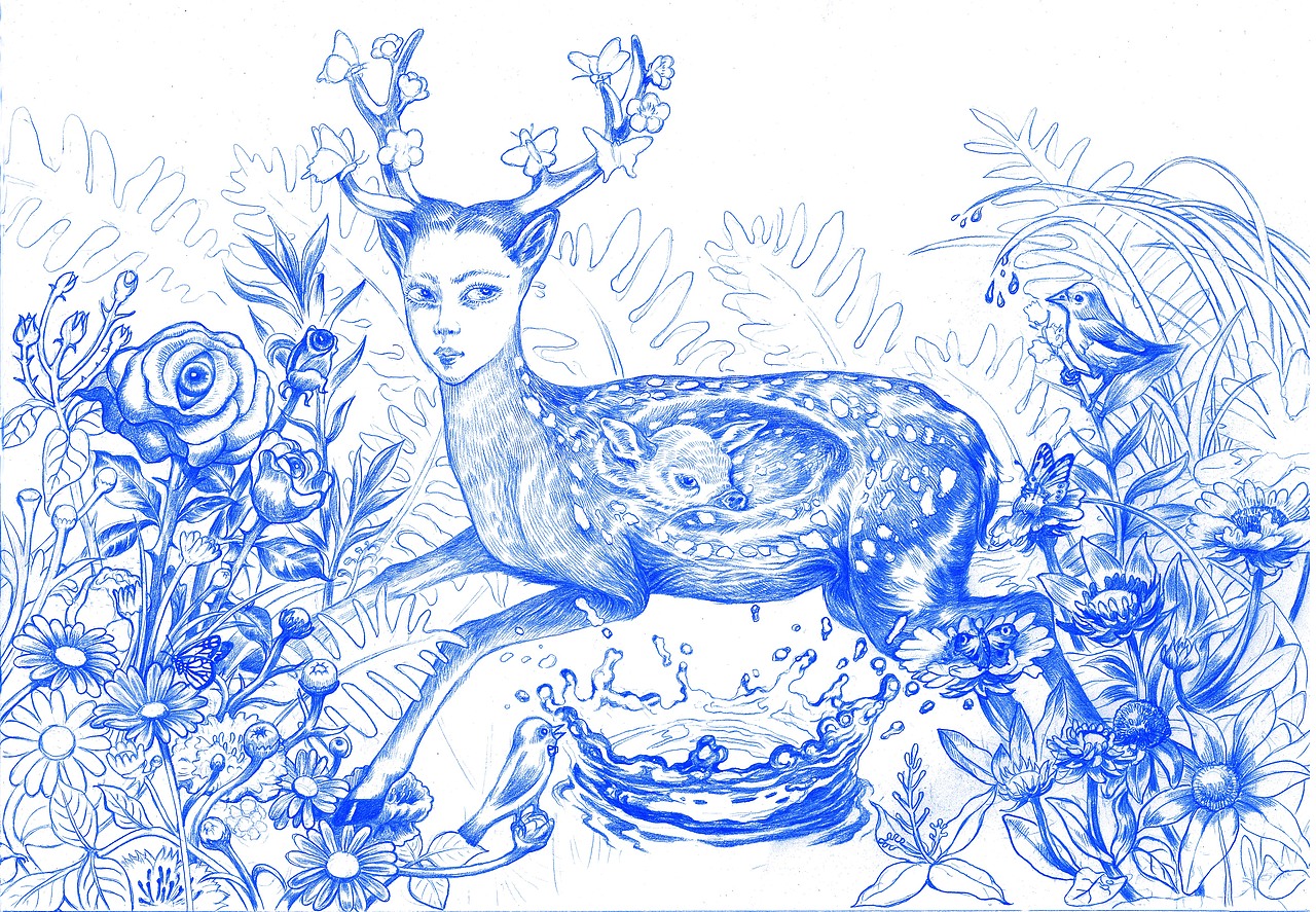 《孕育-鹿妈妈》素描及设计应用