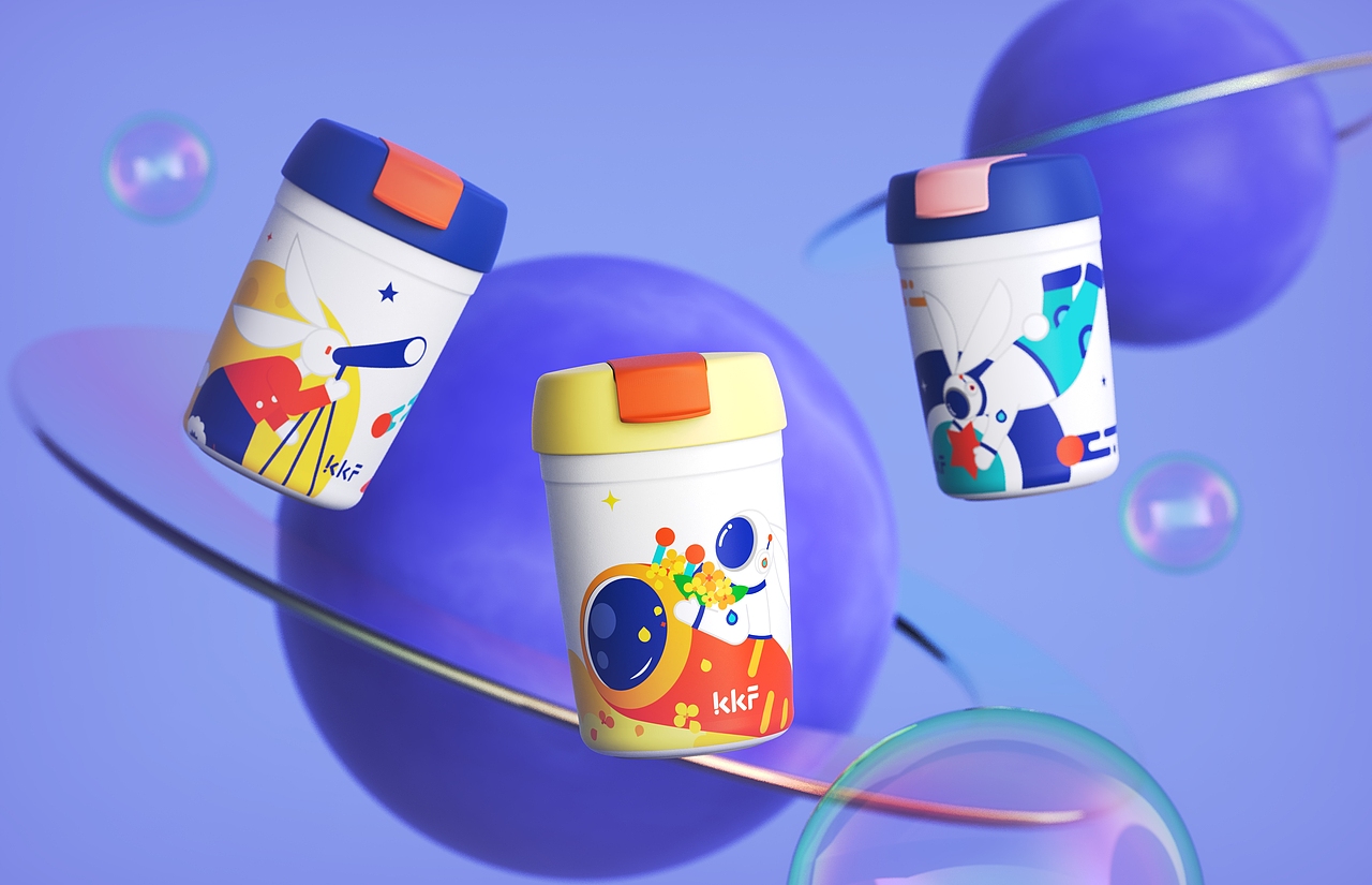 保温杯中秋主题插画 - 探月系列