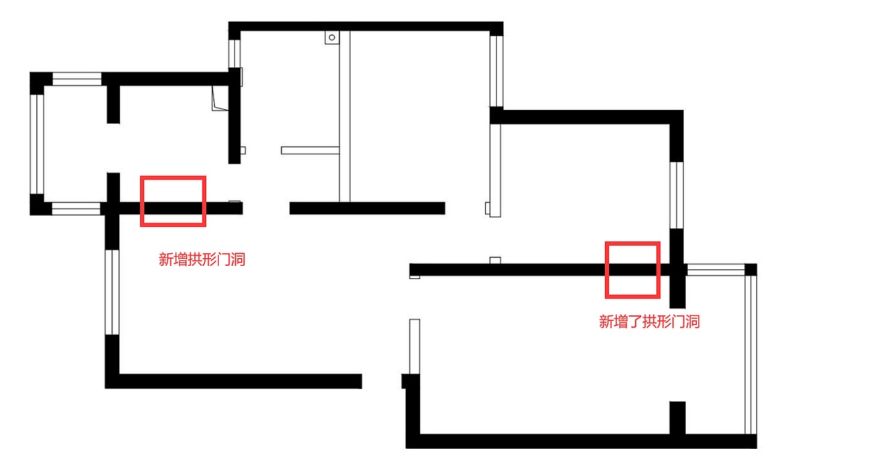 设计亮点:
<增加了两个拱形门洞><br><br>1、在客餐厅与厨房的之间增加了一个拱形门洞,打通了这两个空间,大大提高了厨房的使用功能和业主做饭用餐的便捷性。<br>2、在这个空间与主卧之间增加了拱形门洞,设计成了衣帽间和办公区域,视觉上拓宽了屋内空间,不仅能将女主的衣物全盘收纳又能给男主一个独立剪辑视频的安静氛围。