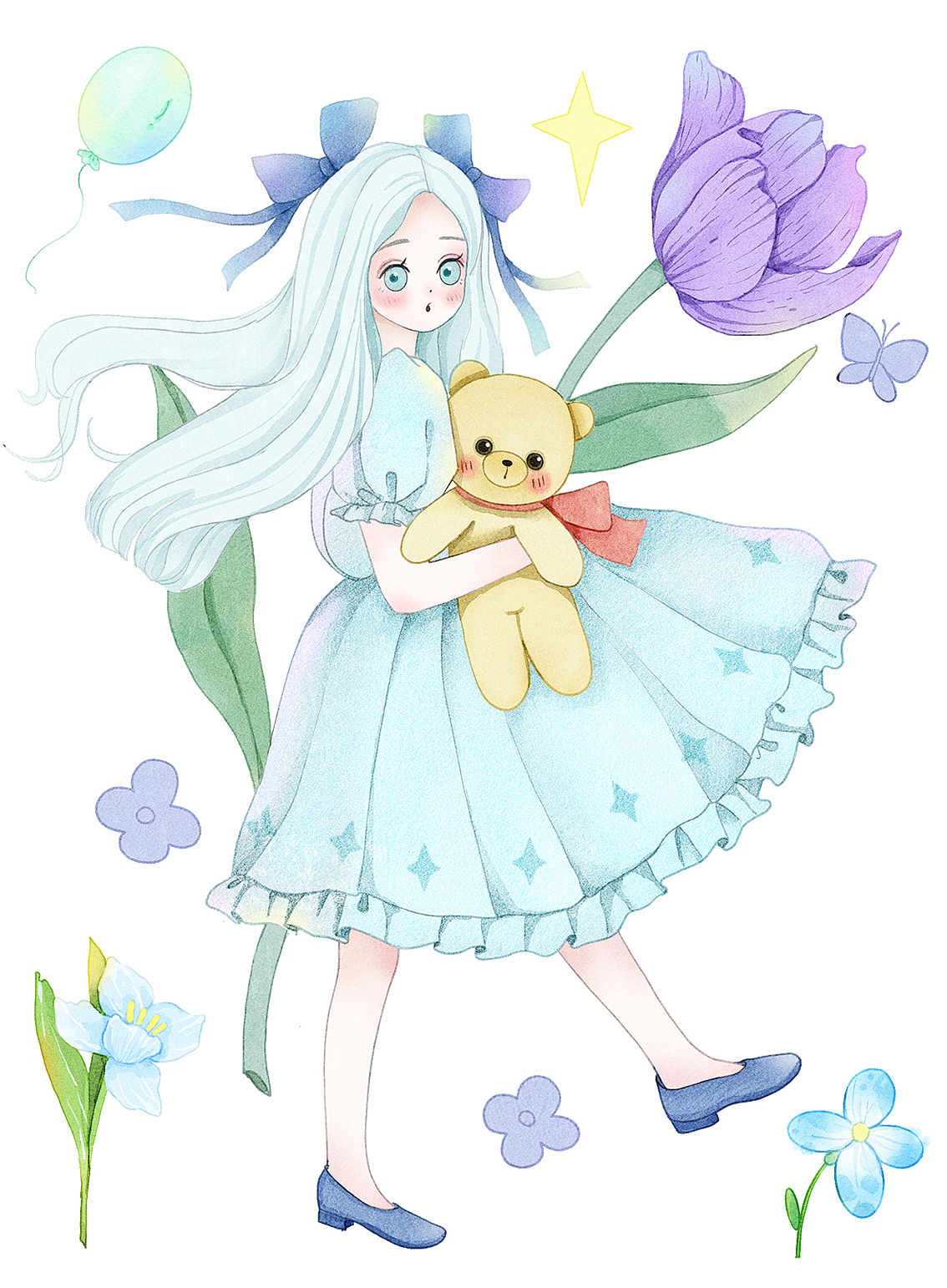 拥抱郁金香的小女孩