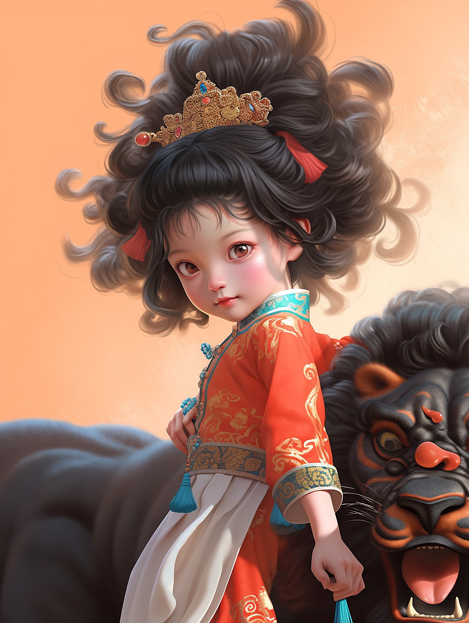 AI绘画 国风舞狮女孩