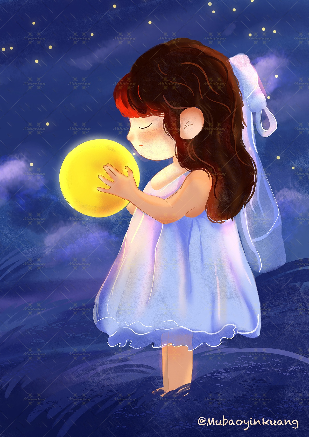 Procreate水彩风格绘画-月光女孩绘画过程