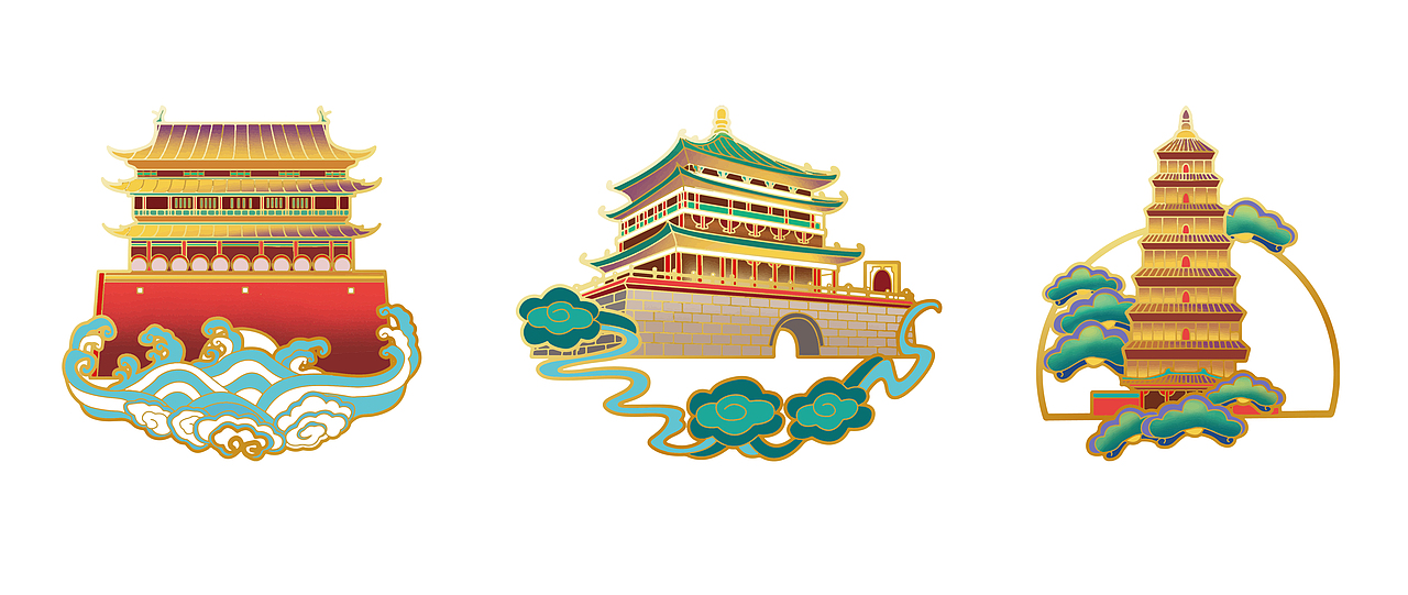 西安·长安城·建筑手绘 大雁塔 鼓楼 钟楼