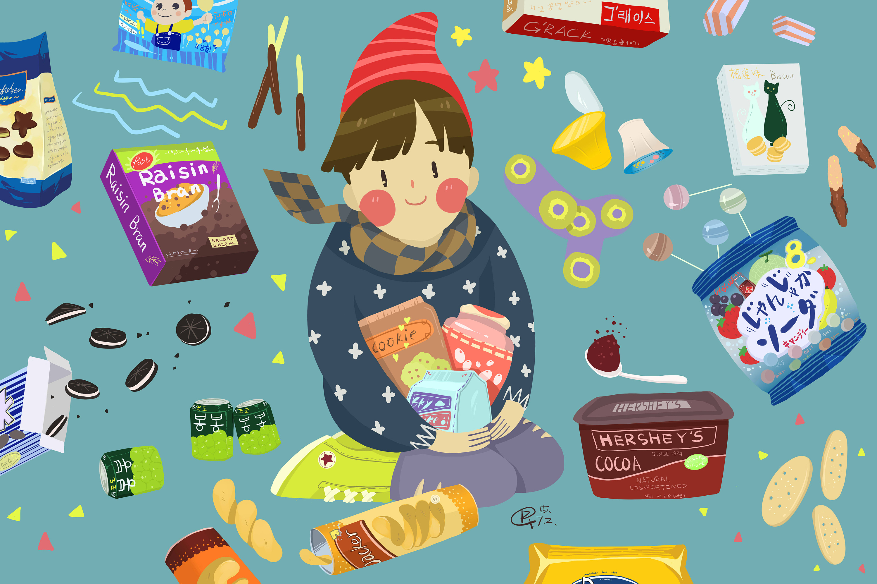 m土拨鼠原创插画-零食女孩