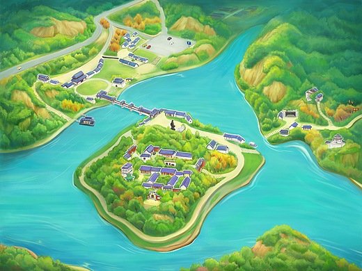 白帝城景区手绘地图卡通水墨复古风格