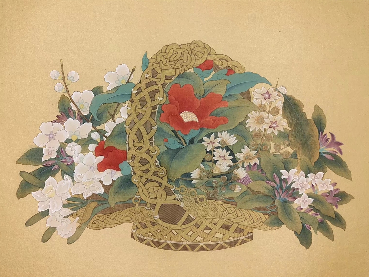 工笔 绢本《花篮图》