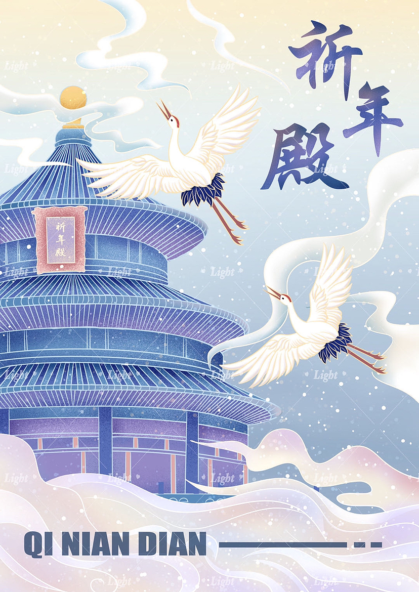 国风插画/祈年殿与黄鹤楼