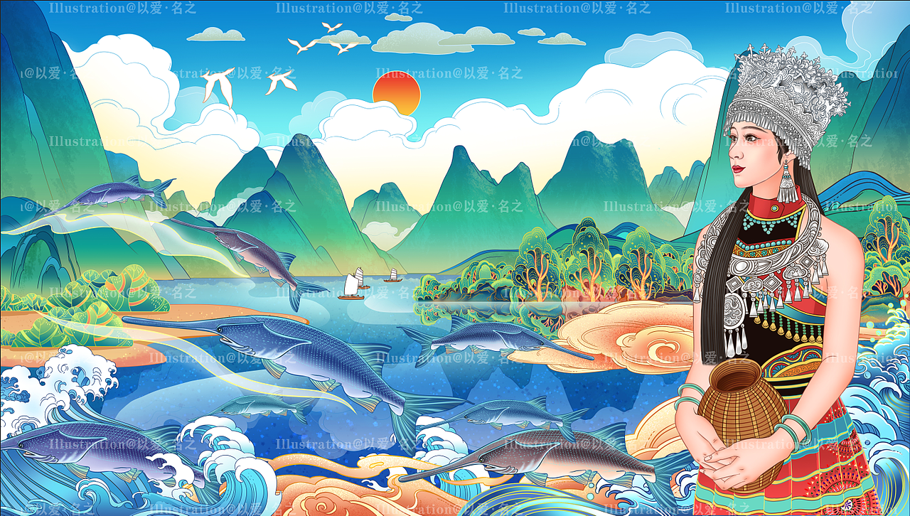 包装插画两组漓江姑娘西关小姐