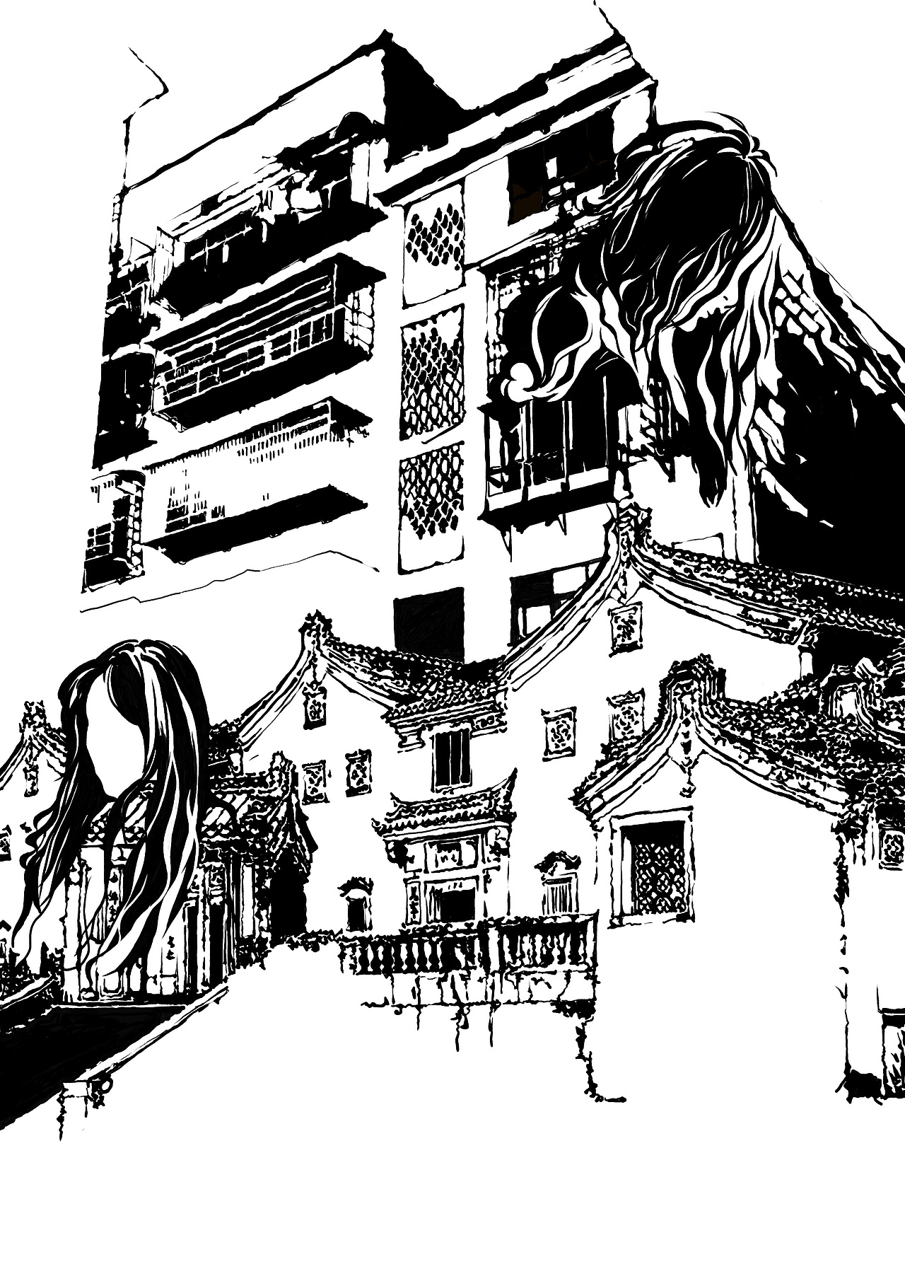 “怪诞的建筑,残破的建筑”插画,邮票,涂鸦,黑白