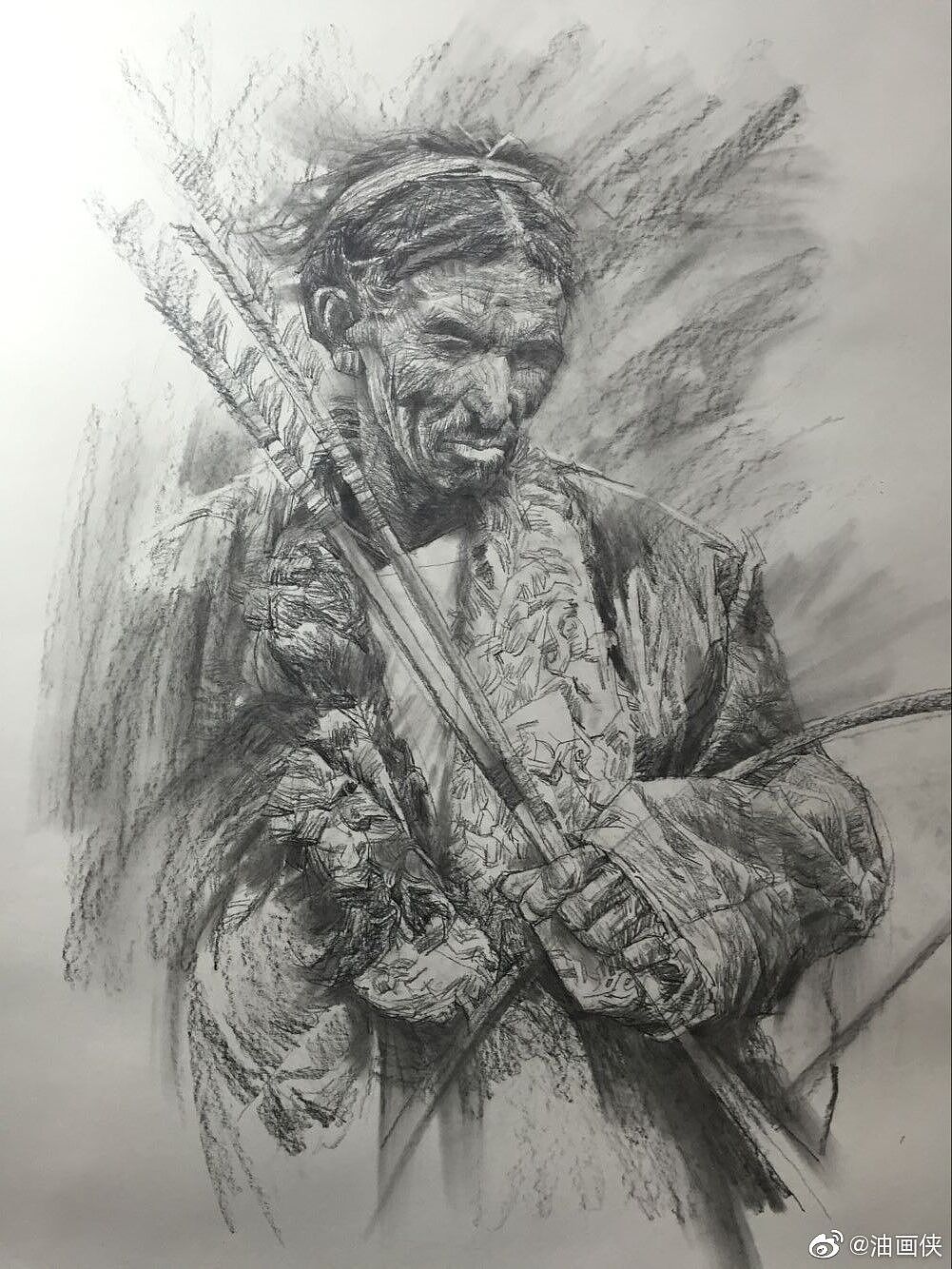 油画侠管老师美式素描作品《藏族老人》