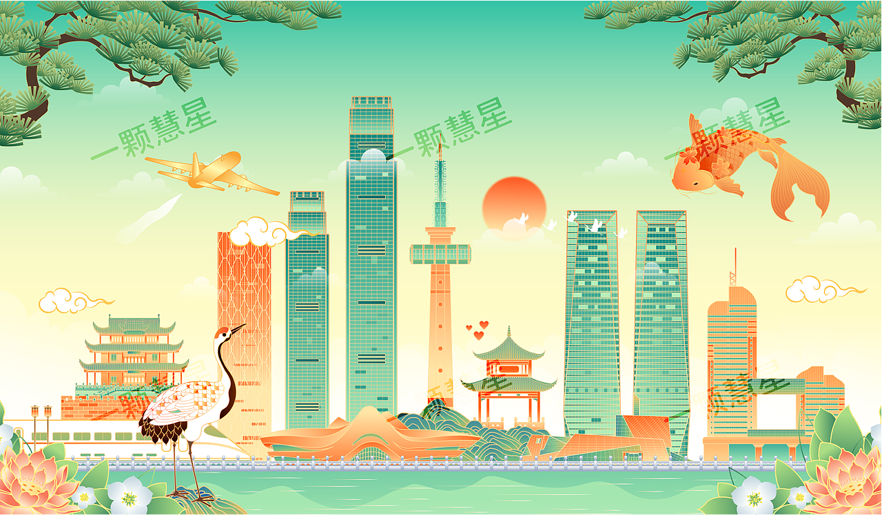 国风中国城市地标建筑矢量插画