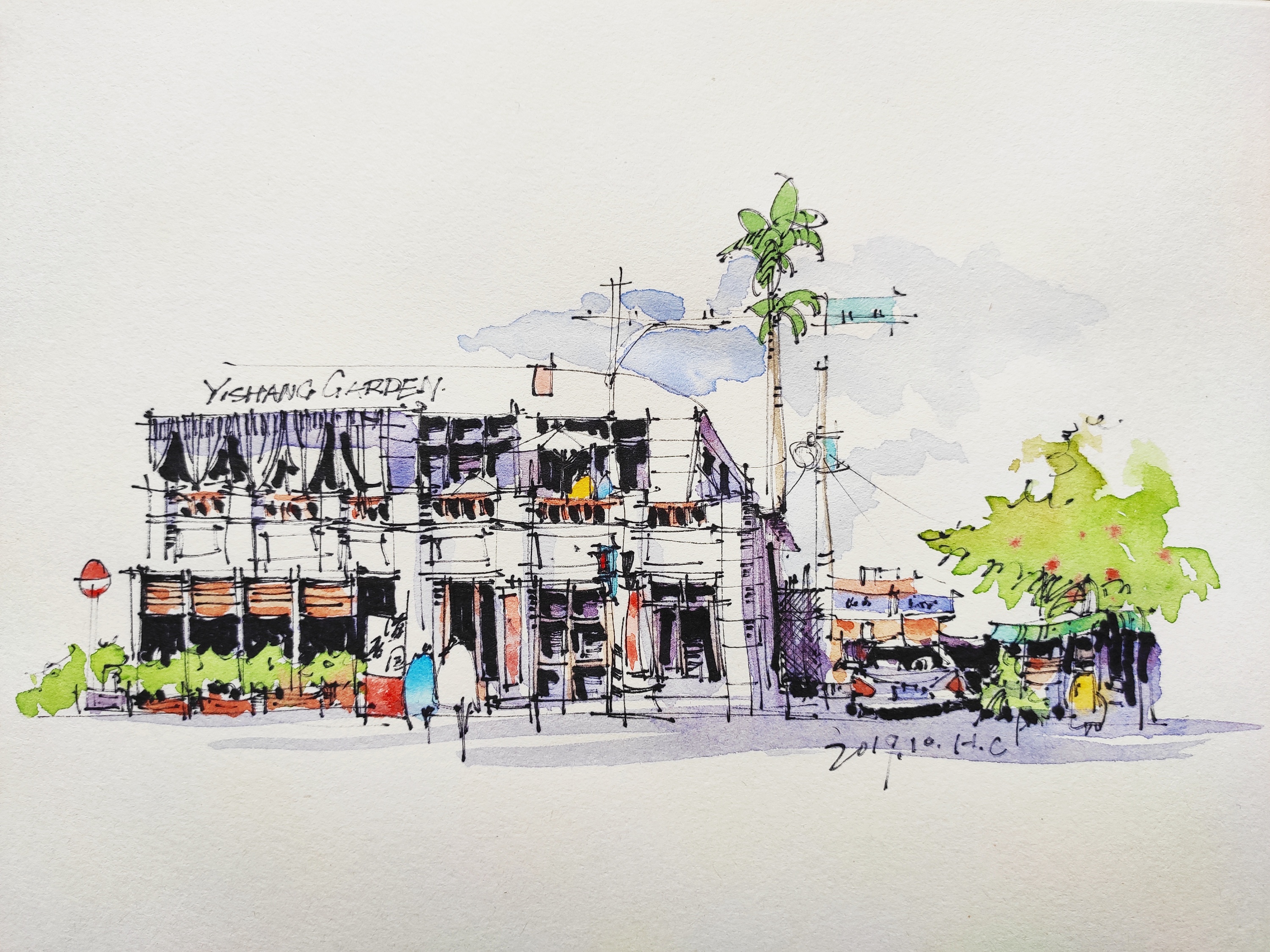 钢笔淡彩建筑风景速写