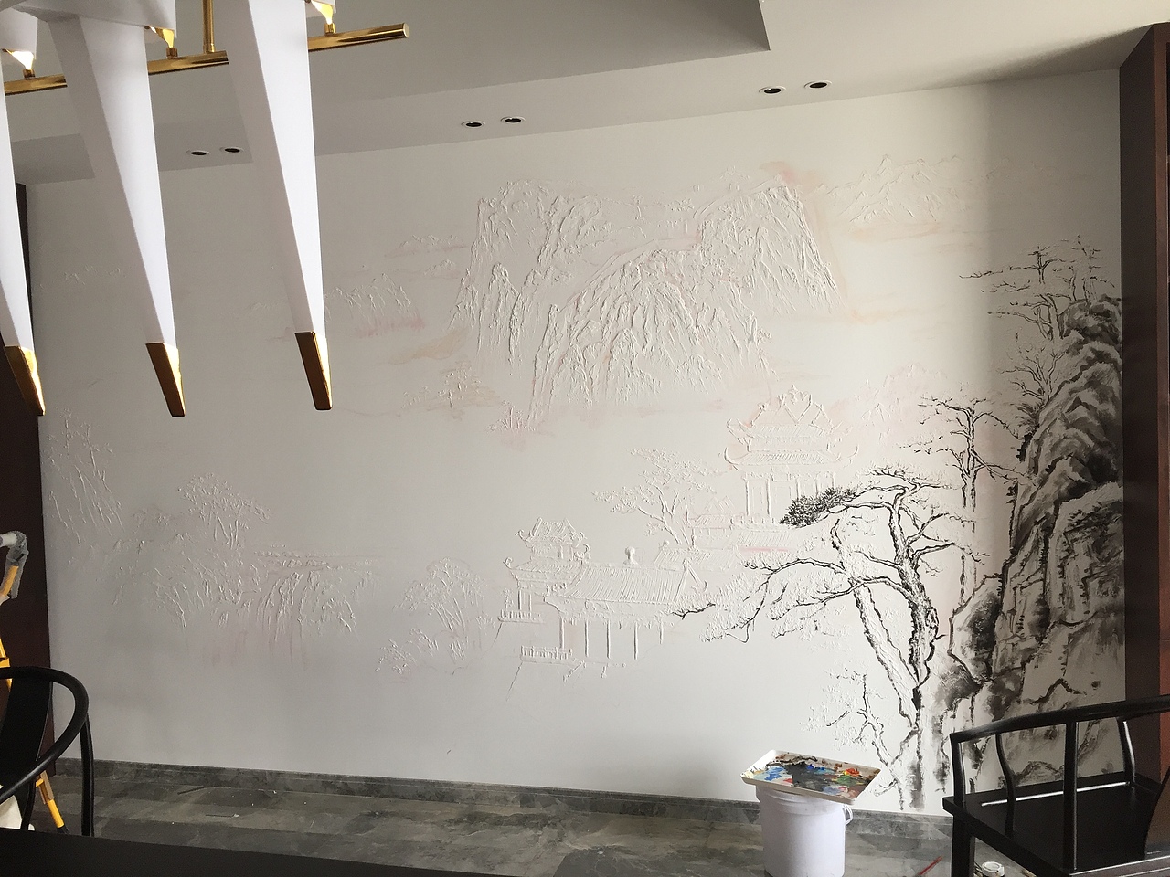 中式山水浅浮雕壁画