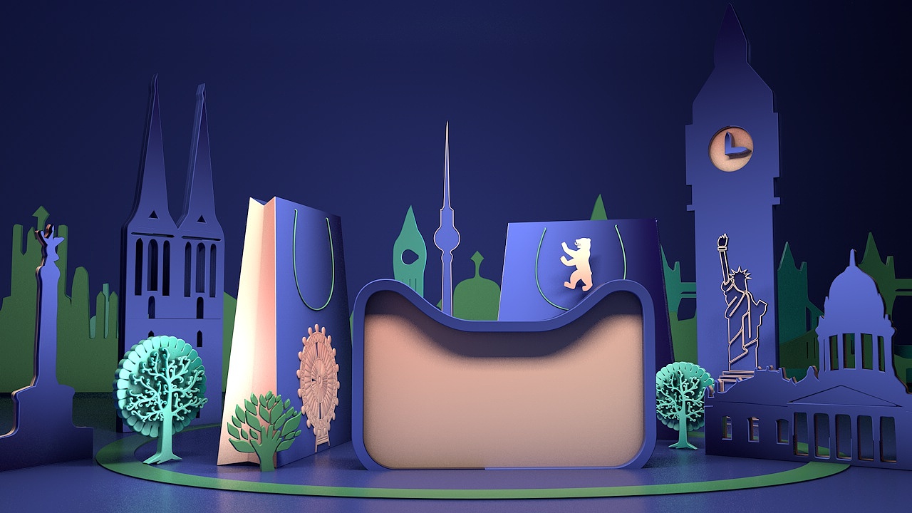 c4d剪纸风电商海报蓝色场景