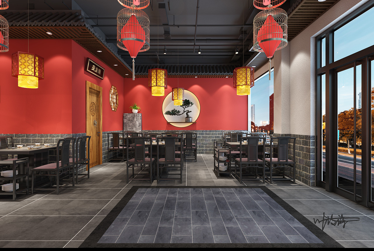 中式餐厅 饭店 绿植摆件 餐桌椅 收银台 吊灯-室内设计-拓者设计吧
